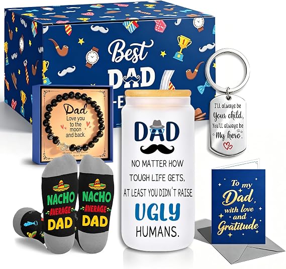 HAPPYPOP Dad Gifts for Fathers Day - Funny Dad Gift Box with Glass Cup, Bracelet, Socks, Keychain & Greeting Card