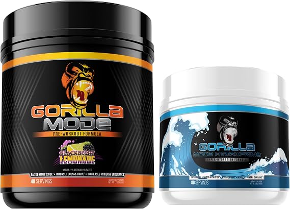 Gorilla Mode Pre Workout (BlackBerry Lemonade) + HydroPrime Glycerol Pre Workout - Comprehensive Stack for Hyper-Hydration, Pump, Power, Endurance, and Thermoregulation