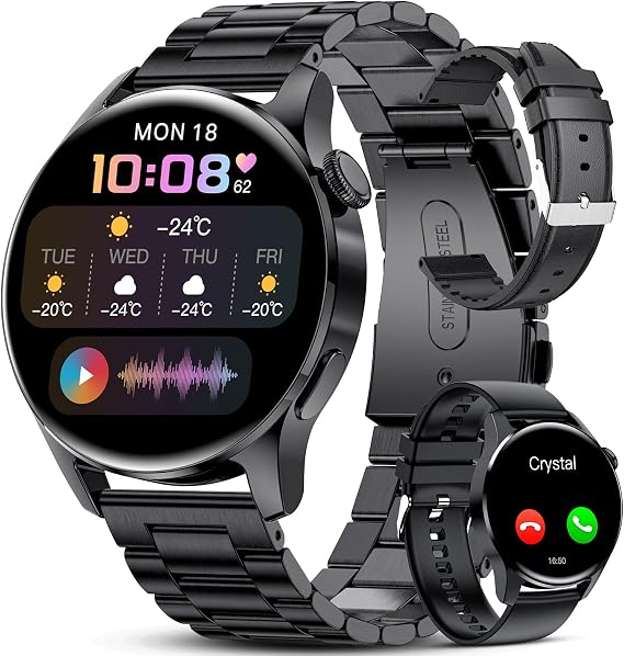 Erkekler için akıllı saat, arama cevapları, 2023 1,34 inç HD tam dokunmatik ekran fitness izleyici saat, nabız uyku monitörü, IP67 su geçirmez akıllı saatler iPhone Android için (3 kayış)