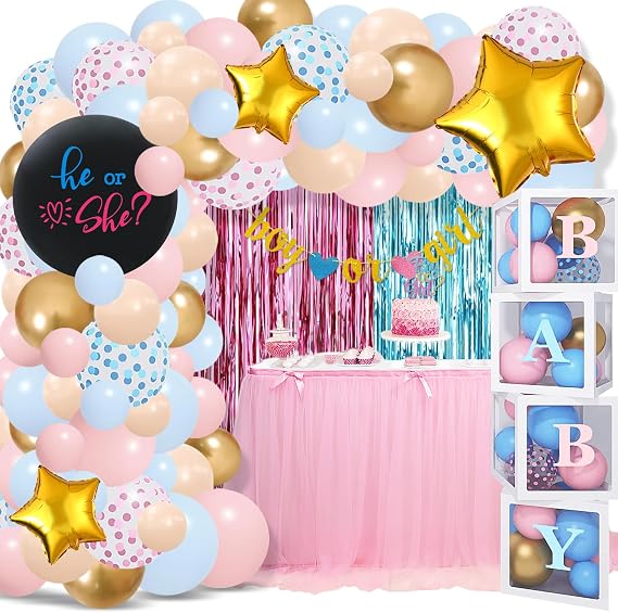 Gender Reveal Decorations Party Kit - 131 Pcs Boy or Girl Party Supplies with 4 Baby Boxes, 115 Balloon Arch Garland Kit, He or She Balloon, Fringe Curtains, Cake Topper, Banner & Foil Balloons