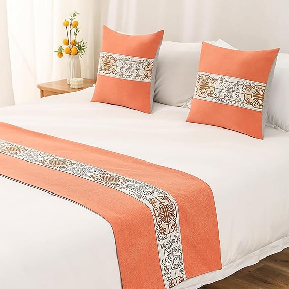 Dark Blue Bed Runner Scarf King Size,Luxury Embroidery Bed Throw Runners & Scarves For Twin Full Queen King Foot Of Bed, Bedroom Hotel Wedding Room Decoration(Orange,45 * 45cm(Pillow case))
