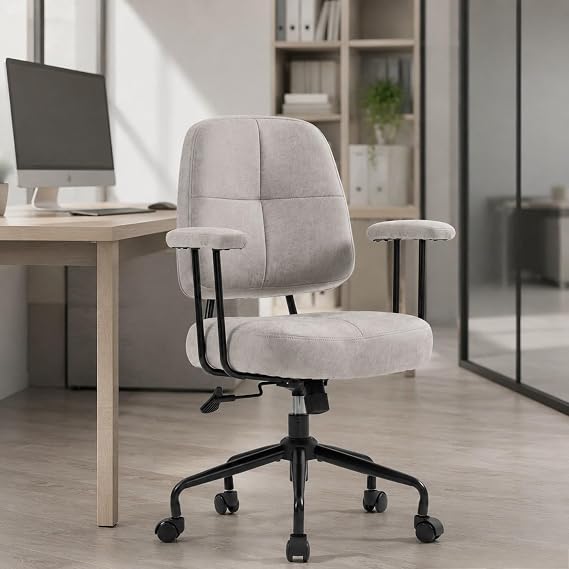 ECOTOUGE Home Office Chair, Grey Mid-Century Modern Faux Leather Chair | Ergonomic Back; Padded Armrests; Smooth Rolling Wheels; Height Adjustable; Easy Assembly; For Home Office Study Work