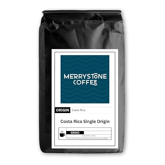 Merrystone Coffee Costa Rica Single Origin Medium Roast Whole Bean Coffee, 1 LB Bag, Roasted to Order Alajuela SHB Arabica Espresso & Moka Pot, Apple Raisin & Honey Notes, Fair Trade