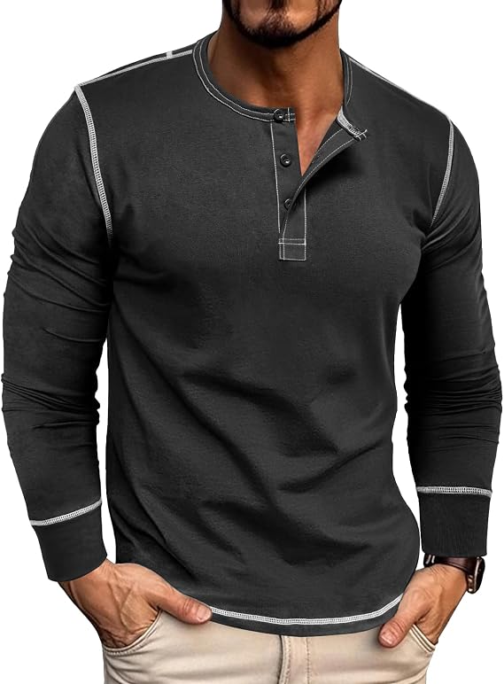 Men's Henley Shirts Casual Basic Long Sleeve T-Shirt Classic Button Lightweight Pullover Solid Cotton Tees