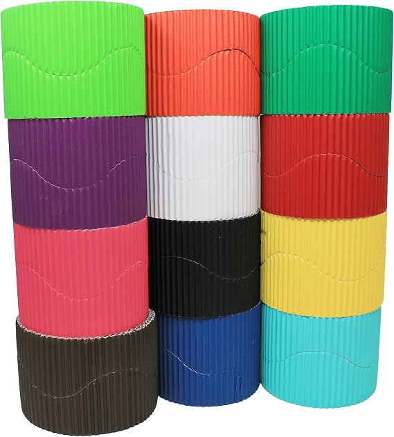 Bright Ideas Corrugated Border School Displays, (Pack of 12 Rolls) in Assorted Colours, 10cm x 7.5m. BI7868.