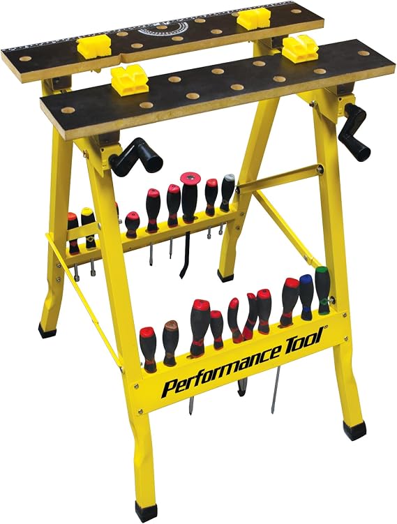 Performance Tool W54025 Portable Folding Workbench and Vise | 200 lb capacity folding work table. Printed grid, ruler and protractor. Includes 4 bench dogs and tool storage rail