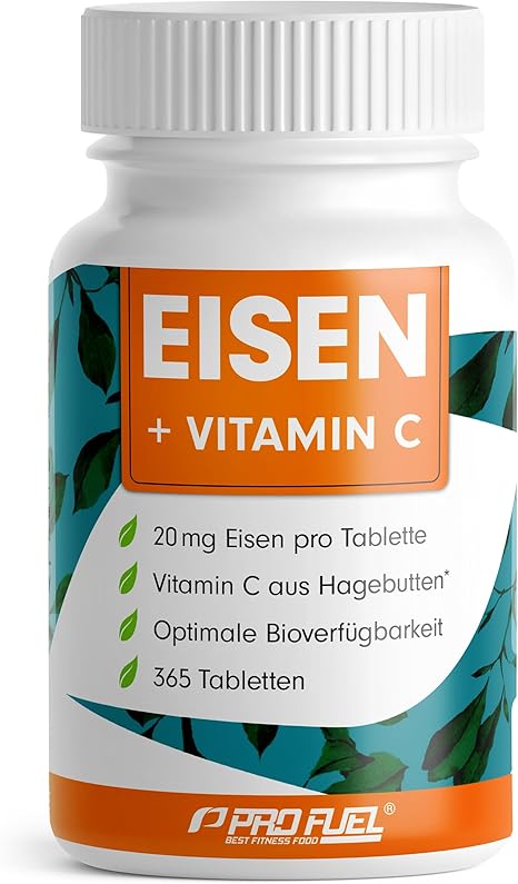 Iron Tablets High Dose 365x with 20 mg Iron + Vitamin C (20 mg) from Rose Hips - Bioavailable Iron Bisglycinate + Natural Vitamin C from Rosehip Extract - Laboratory Tested with Certificate