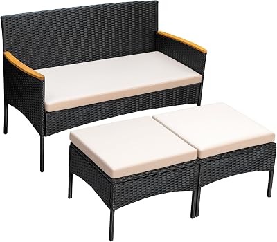Greesum 3 Piece Patio Furniture Set Outdoor Rattan Conversation Sets Wicker Sofa with Cushions for Garden, Lawn, Terrace, Porch Beige