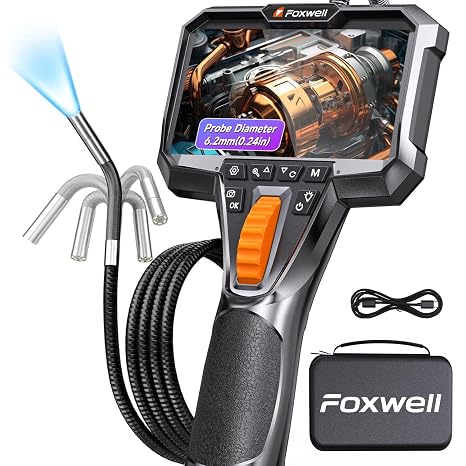 FOXWELL 2-Way 220 Articulating Borescope Camera with Light, 1080P FHD | 0.24in Ultra-Slim Inspection Camera, Industrial Endoscope, IP67 Waterproof, 6 LED, 32GB, for Automotive, Plumbing, HVAC,5.3FT