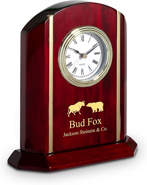 Executive Gift Shoppe | Elite Collection Wall Street Theme Personalized Rosewood Desk Clock with Gold Accents