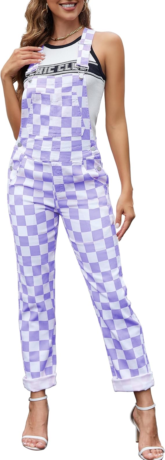 Odefou Checkered Pants Womens Overalls Fashion Bib Coveralls Cute Stretch Jeans Jumpsuit