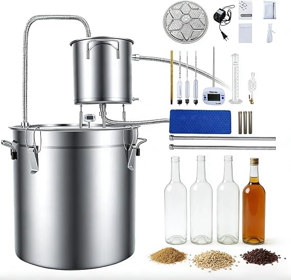 8.7 Gal Alcohol Distiller with Thumper Keg, Distillery Kit for Alcohol with Copper Tube & Build-in Thermometer & Water Pump, Stainless Steel Alcohol Distiller Home Brewing Kit