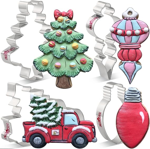LILIAO Christmas Cookie Cutter Set, 4-pc, Pickup Truck with Christmas Tree, Christmas Tree, Light Bulb and Christmas Ornament Biscuit Fondant Cutters, Stainless Steel