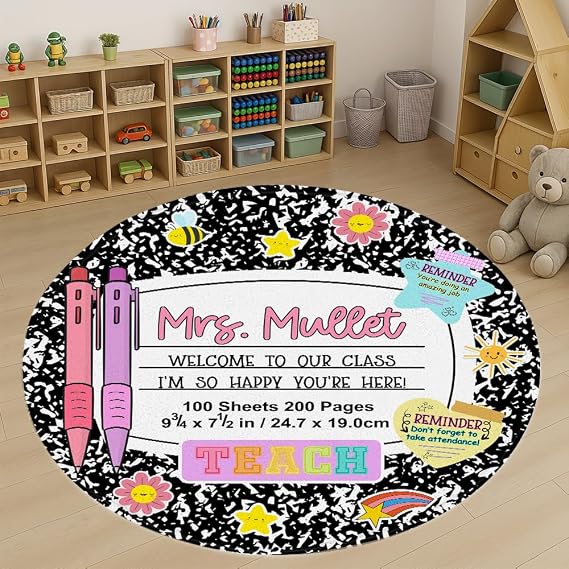 Classroom Round Rug for Kids, Cute Notebook Educational Circle Rug for Kids Room, Back to School Carpet Decorations Inspirational for High School Middle Elementary Teacher Gifts