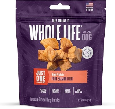 Whole Life Dog Just One Salmon Freeze Dried Dog Treats - Human Grade High Protein Food, Healthy Training Snacks, Freeze Dried Salmon Food Toppers, USA Made Natural Treats - 7.5 oz Value Pack of 1