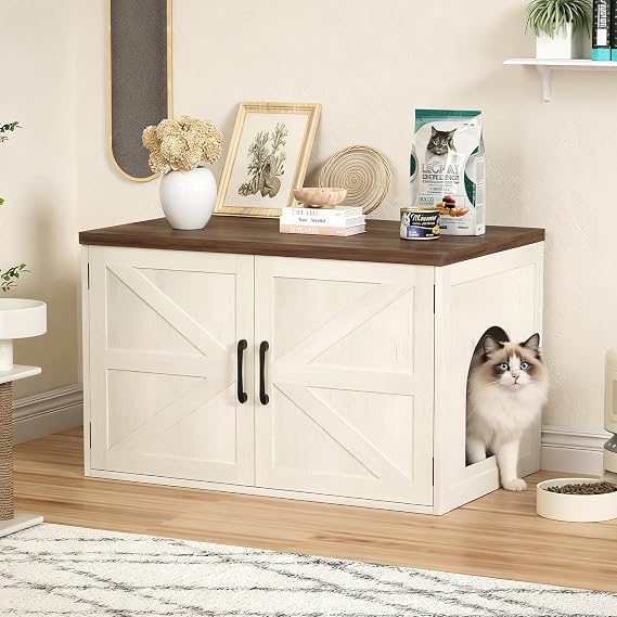 Halitaa Litter Box Enclosure, Farmhouse Hidden Litter Box Cabinet with Barn Door, Cat Litterbox Furniture, Indoor Cat House for Living Room, Side End Table, 31.5''L x 19.7''W x 19.7''H, White