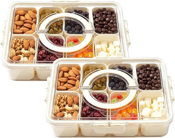 Snackle Box with 8 Removable Compartments, Airtight Lid & Handle, Plastic Food Container Organizer for Snacks, Fruits, Nuts, Candy, Charcuterie, Travel, Picnics (2PCS)