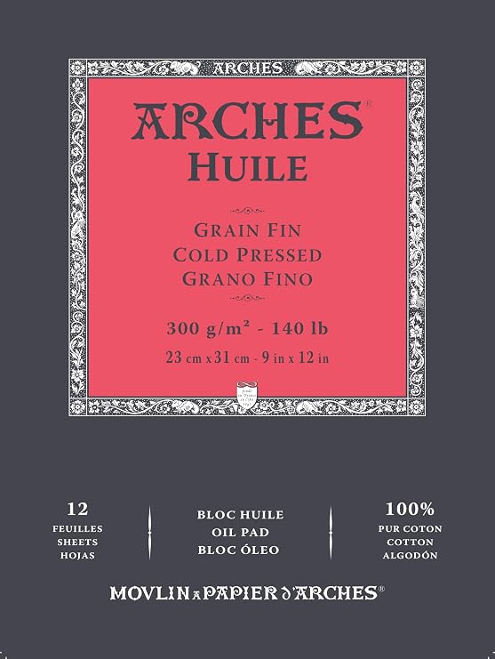 Arches Huile Oil Pad, Cold Pressed, 140lb/300gsm, 12 Sheet, 9x12 inch, Arches Oil Paper 100% Cotton