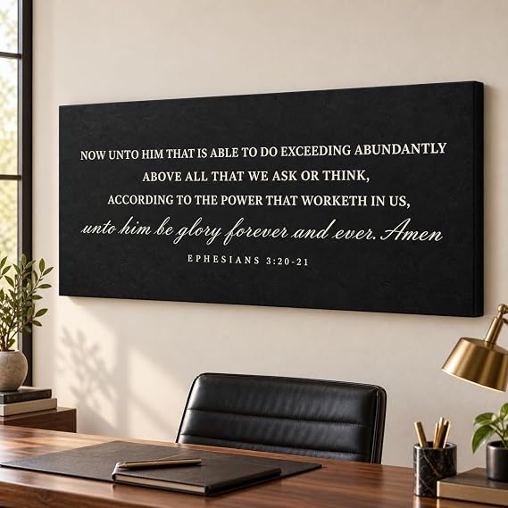 CXVU Bible Verse Wall Art, Ephesians 3:20-21 Black and Gold Quote | Black and gold scripture design with Ephesians 3:20-21 for offices, living rooms, bedrooms, prayer rooms 8x16
