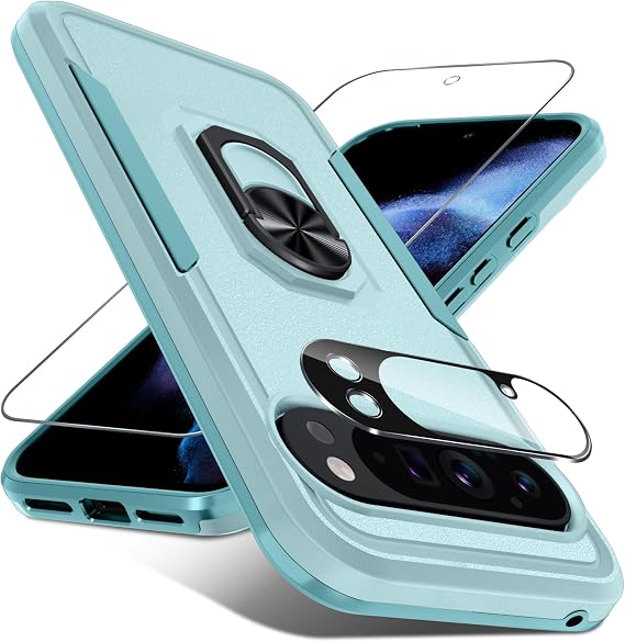Google Pixel 10/10 Pro用ケース スクリーンプロテクター+カメラレンズプロテクター付き、高耐久 耐衝撃 フルボディ保護カバー 内蔵回転可能なメタルリングホルダー キックスタンド、2025 ミントグリーン