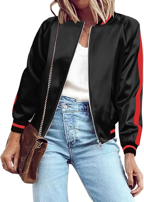 Zeagoo Women's Bomber Jacket Lightweight Zip Up Jacket Casual Striped Jacket Coat Outerwear Windbreaker with Pockets