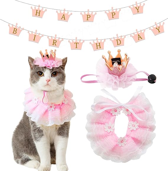 Cat Princess Costumes Cat Crown Hat & Lace Bandana Scarf Set, Puppy Party Hat for Small Dogs & Cats, Lace Outfit for Cats and Small Dogs Birthday Party (Pink(Crown Hat&Scraf&Banner))