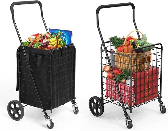 Kiffler Folding Shopping Cart for Groceries, Grocery Cart with Waterproof Liner and 360 Swiveling Wheels Collapsible Shopping Carts for Condo Laundry Transport Trip