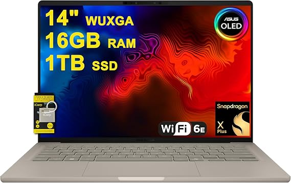 ASUS Zenbook A14 Laptop 14" WUXGA OLED (100% DCI-P3, 600nits HDR) Qualcomm 8-core Snapdragon X Plus (Up to 45 Tops) 16GB RAM 1TB SSD for Creator Business Professional Win11 ICP Acc
