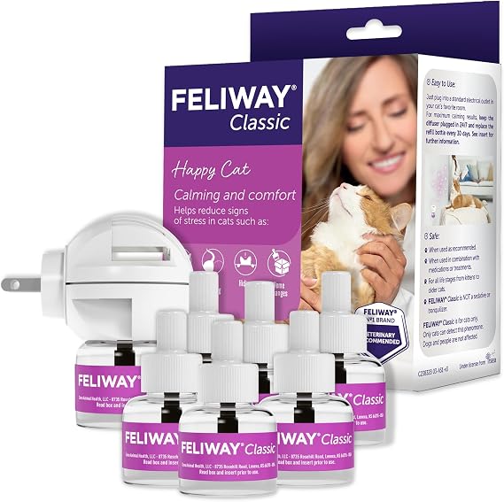 FELIWAY Classic Cat Calming Diffuser Kit and 6 Pack Refill Helps Reduce StressRelated Behaviors Like Urine Spraying, Scratching, and Hiding 30Day Cat Pheromone Plug in Diffuser