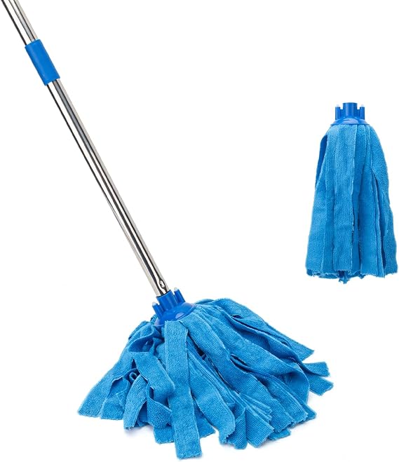 Microfiber Floor Mop, 150 cm Stainless Steel Handle, Total 2 Mop Heads Included, Super Absorbent for Kitchen, Living Room, Bathroom, Garage, Hardwood & Tile Floors