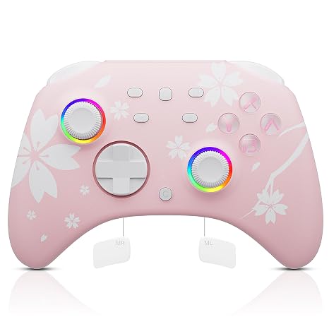 Mytrix Wireless Controller für Switch/Switch 2/Switch OLED Switch Pro Controller mit Weckfunktion Kopfhöreranschluss Turbo Bewegungskontrolle Einstellbare Vibration LED-Lichter Sakura Rosa
