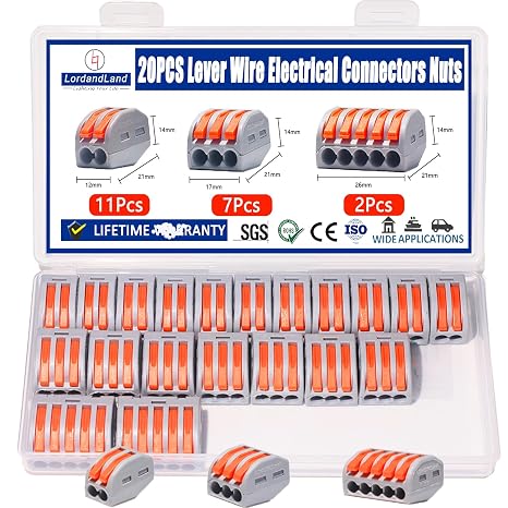 20PCS Lever Wire Electrical Connectors Nuts Assortment Kit 28-12 AWG, 2/3/5 Conductor Combination Compact, Electrical Insulated Terminals, Quick Disconnect Compact Splicing