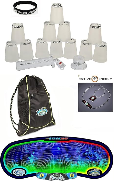 Speed Stacks The Elite Custom Combo Set: 12 PRO Series PS2x Clear 4" Cups, Cup Keeper, Quick Release Stem, Pro Timer G4, Mat, Stacker Backpack + Active E Necklace $49 Value