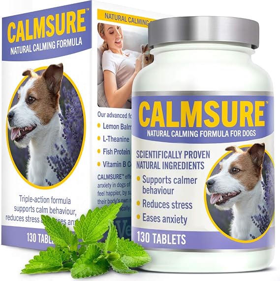 CALMSURE Natural Non-Drowsy Dog Calming Tablets for Nervous or Stressed Dogs | Aids Dog Anxiety in all Breeds