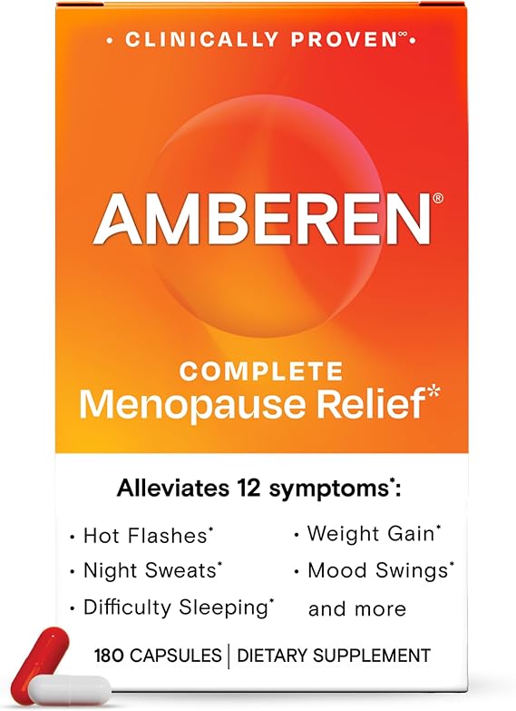 Amberen Menopause Supplement for Women, Clinically Proven, Helps Support Hormone Balance, Helps Relieve 12 Menopause Symptoms: Hot Flashes, Night Sweats, Mood Swings and More, 90 Days Supply