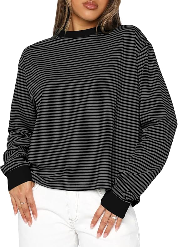 Cioatin Women Oversized Long Sleeve Striped Colorblock Tee Tops Crew Neck Loose Tshirt Pullover Y2K Aesthetic Fall Outfits