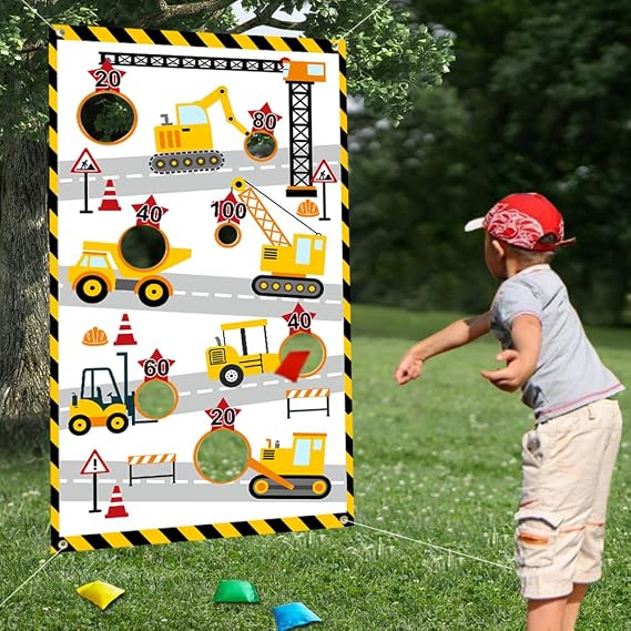 Construction Truck Toss Game Banner with 4 Bean Bags ,Indoor Outdoor Excavator Throwing Theme Party Game Banner with 7 Score Holes for Adults Birthday Party Decorations (Yellow)
