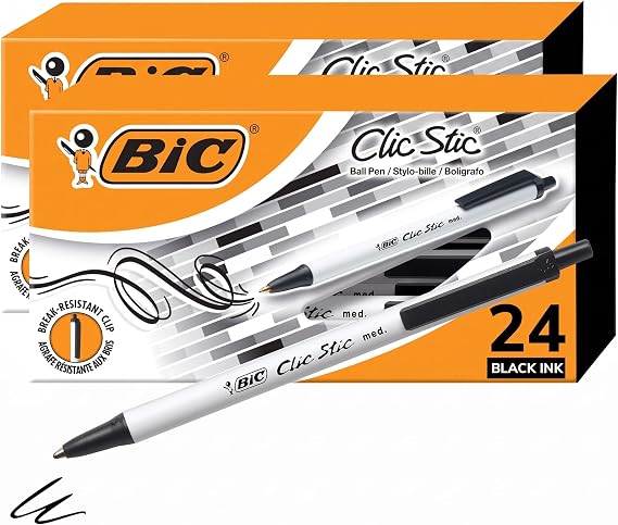 BIC Clic Stic Black Retractable Ballpoint Pens,Medium Point (1.0mm),Round Barrel Design for Comfortable Writing,24 Count (Pack of 2)