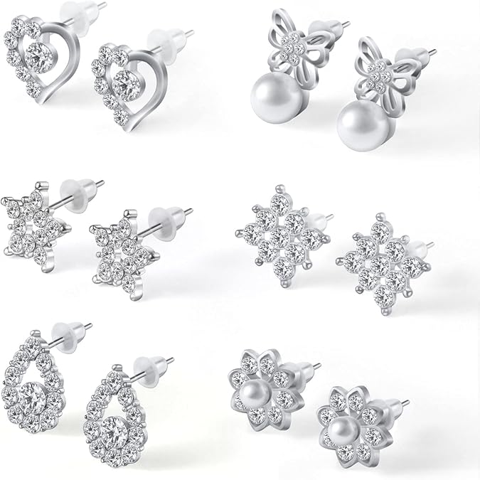 Aucuu 6 Pairs Earrings Set, Hypoallergenic Cubic Zirconia Stud, 925 Sterling Silver Simulated, 9-12 mm, Diamond Pearl Earrings, Jewelry Gif