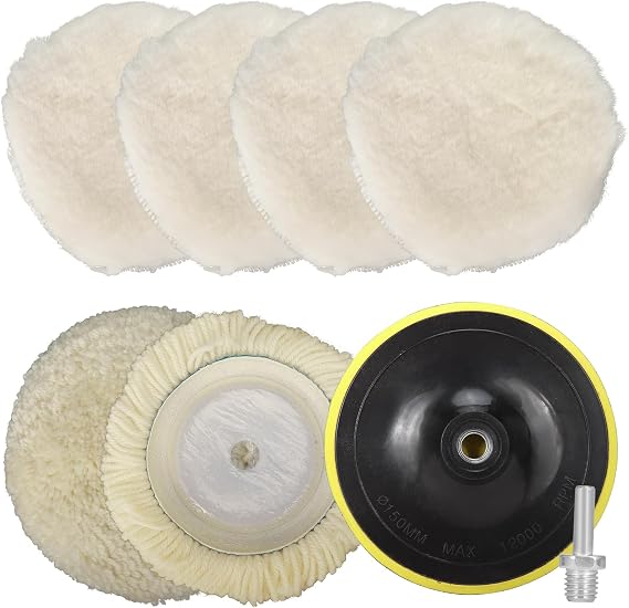 8PCS 6 Inch Wool Polishing Buffing Pad, Polishing Buffing Wheel with Hook and Loop Back for Drill Buffer Attachment with M14 Drill Adapter Car Buffer Polisher Kit for Car Polishing, Waxing