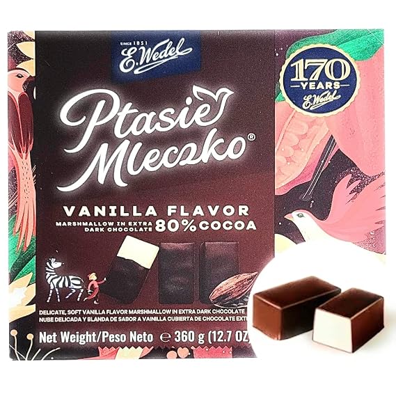 E.Wedel Ptasie Mleczko Chocolate Covered Marshmallow (birds milk chocolate), 13.4 Oz. (Vanilla w/80% Cocoa, Pack of 1)