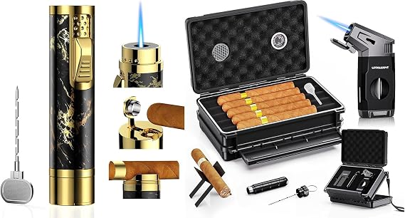 Travel Cigar Humidor Case Set, Double-sided Design, with Cigar Lighter Built-in V Cutter, 2-in-1 Cigar Draw Enhancer/Punch Tool, Cigar Holder, Humidifier&Hygrometer, Cigar Accessories Gift Kit for Men