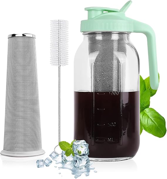 Cold Brew Coffee Maker - 64 Oz Heavy-Duty Glass Mason Jar Pitcher with Stainless Steel Filter, Leak-Proof Lid, Ergonomic Handle & Precision Pour Spout Ideal for Iced Coffee, Tea, Cold Brew (Green)
