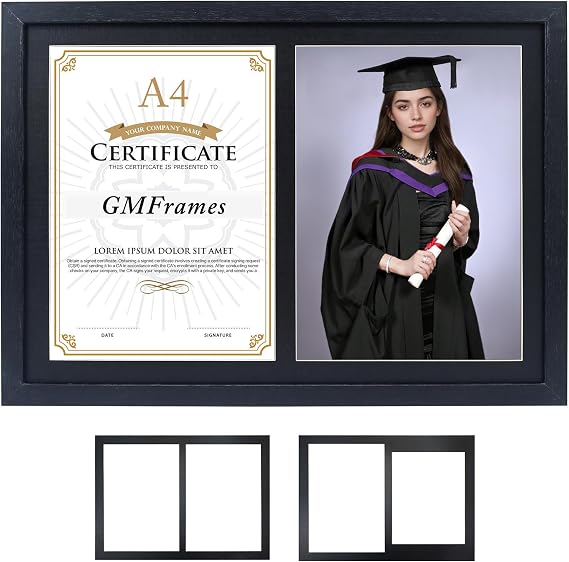 GraduationMall Black Graduation Frame A4 Certificate and 8x10 Photo Dual A4 Picture Frame Document Frame with Black Mount