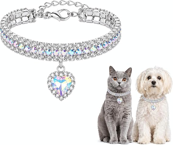 Rhinestone Pet Collar, Sparkling 3 Rows Crystal Diamond Dog Collars, Adjustable Rhinestones Wedding Collar, Puppy Girl Bling Necklace Pendant Jewelry for Small Medium Large Pets, Cats, Dogs(B-White,S)
