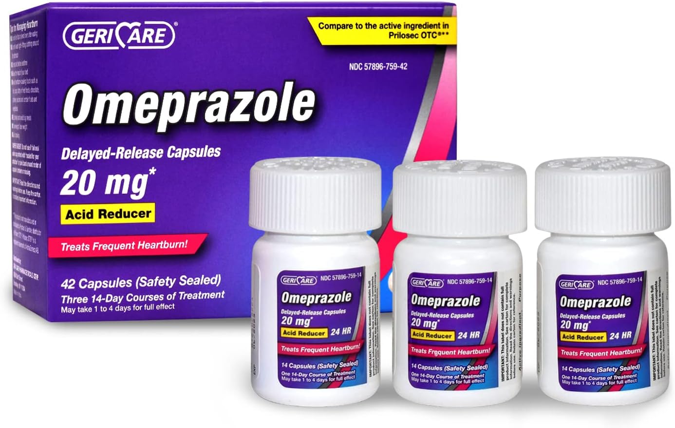 GeriCare Omeprazole Delayed Release Capsules 20.6mg - Acid Reducer Pills for 24 Hour Heartburn Relief - Acid Reflux Medicine to Treat Frequent Heartburn 42 Count