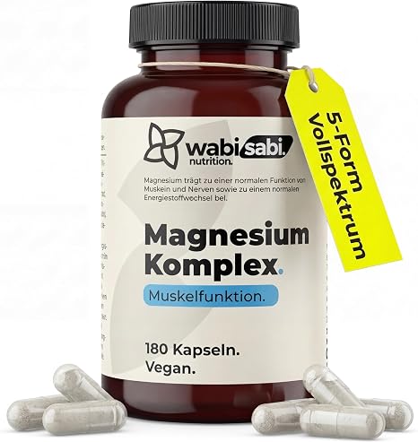 wabi sabi Magnesium Complex – 180 Vegan Capsules – Made from 5 High-Quality Compounds – 285 mg Elementary Magnesium per Daily Dose – High Dose & Tested Supplement – German Quality Brand