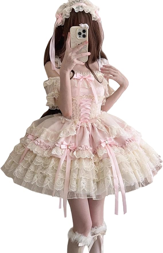 Sweet Lolita Short Dress Bows Lace Trim Tiered Ruffle Princess Party Dress Costume Sleeveless Cocktail Dresses