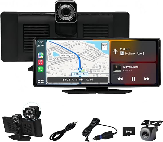 Carplay Screen for Car, 10.26" Portable Touch Screen for Apple Carplay & Android Auto with 4K Dash Cam & 1080P Backup Camera, Car Audio Receivers with Voice Control/GPS Navigation/Mirror Link