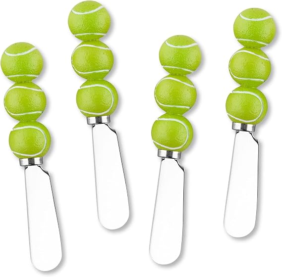 UP Tennis Ball Cheese Spreaders, Hand-Painted Resin Handles with Stainless Steel Blades for Spreading Cream Cheese, Butter, Jam, or Sandwich, Set of 4
